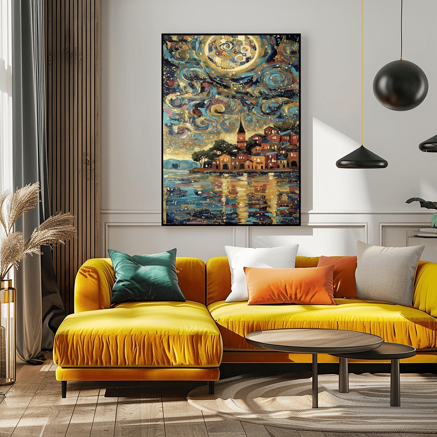 A vertical fine art print in the style of Gustav Klimt. A colorful Mediterranean village with red and orange houses sits on a harbor. The sky above is filled with thick, swirling teal and blue clouds and a large, mosaic-patterned golden moon. The water in the foreground reflects the warm lights of the village and the sky.