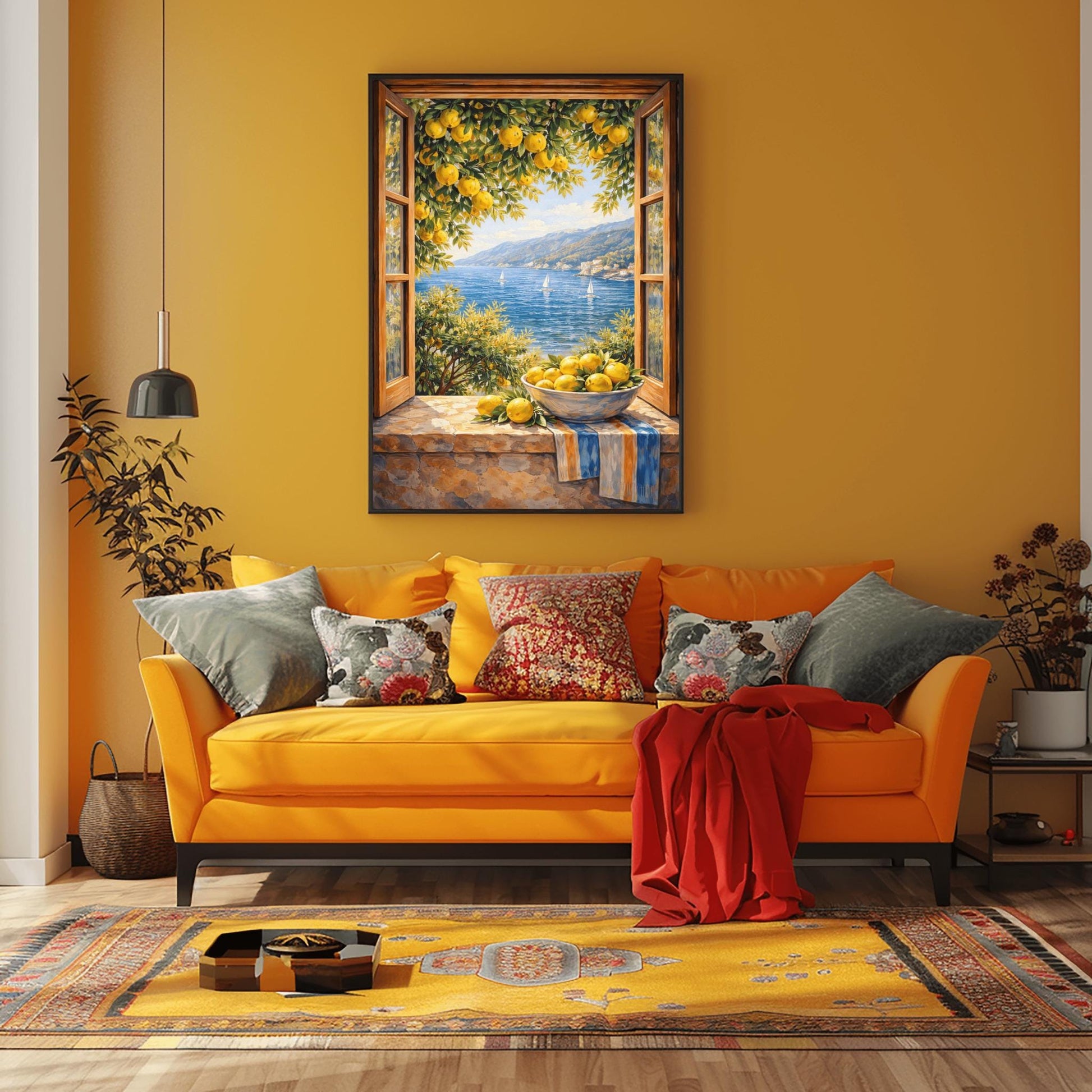 A vertical painterly illustration of an open wooden window looking out at a blue sea with sailboats. On the stone windowsill, a bowl of yellow lemons sits on a striped blue-and-yellow cloth. Lemon tree branches with fruit frame the view from above.