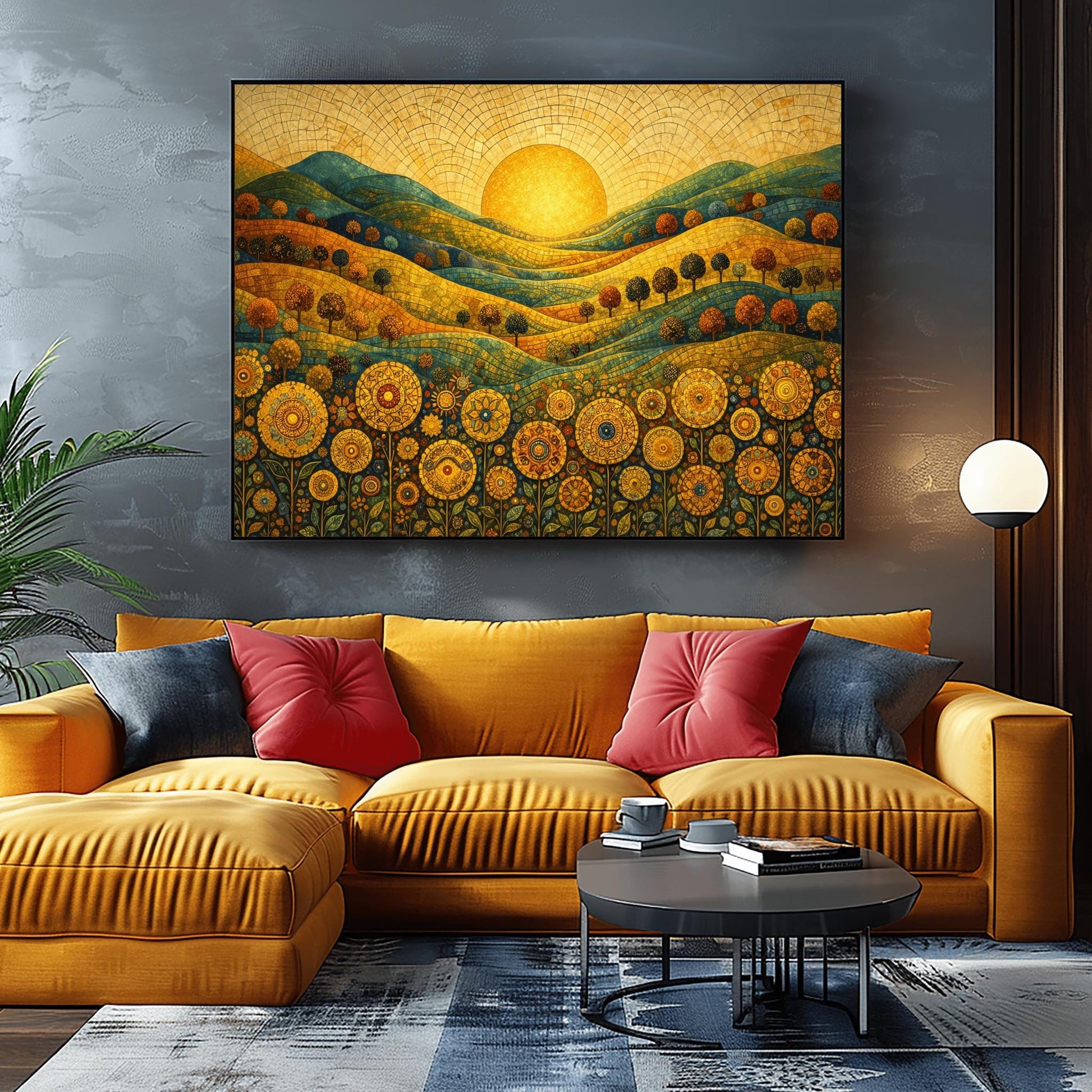 A horizontal landscape illustration in a mosaic style. A large golden sun is centered in a tiled sky above rolling hills of teal, gold, and orange. The hills are populated with small rounded trees. The foreground is a dense field of intricate, circular mandala-style flowers.