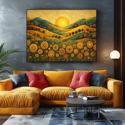 A horizontal landscape illustration in a mosaic style. A large golden sun is centered in a tiled sky above rolling hills of teal, gold, and orange. The hills are populated with small rounded trees. The foreground is a dense field of intricate, circular mandala-style flowers.