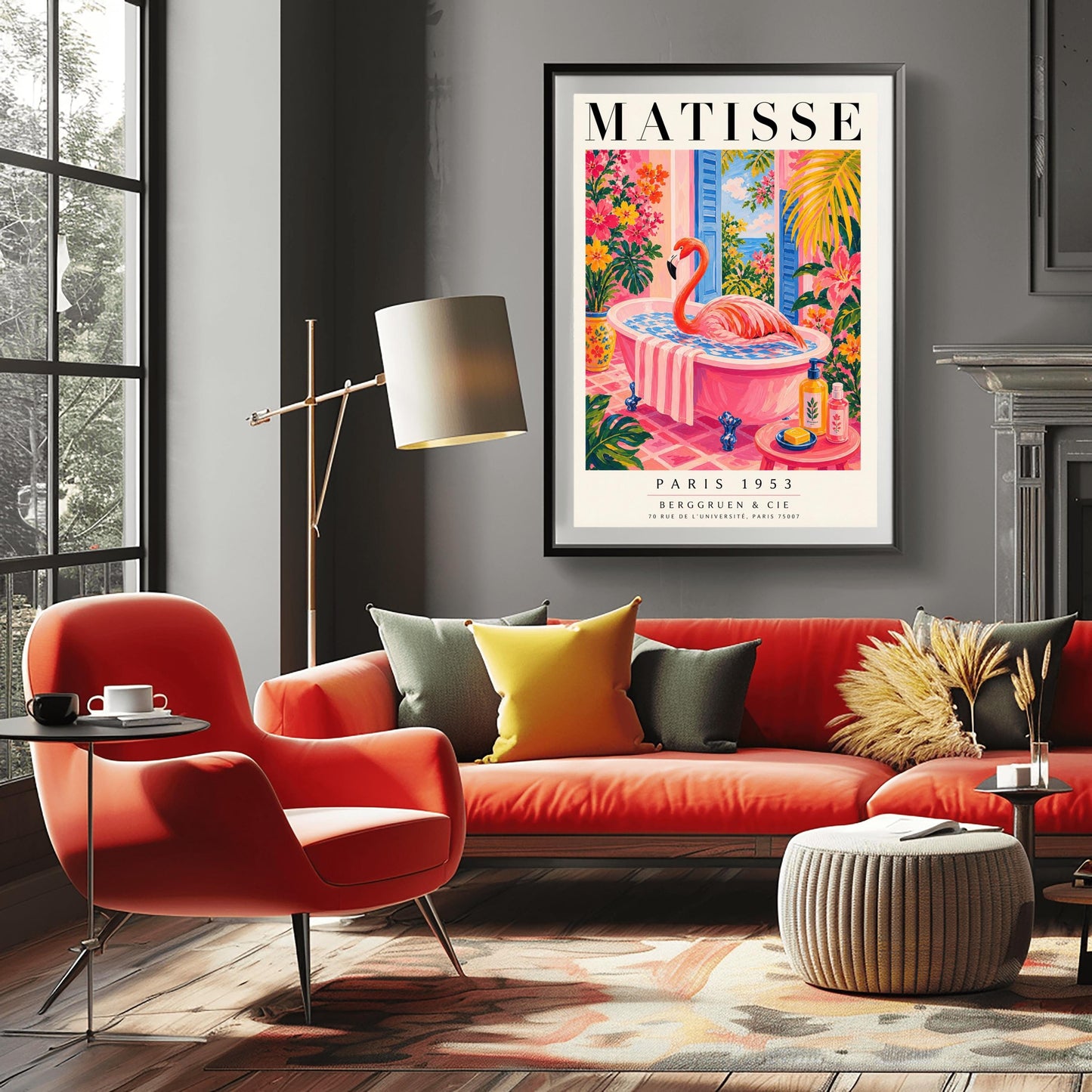 A vertical maximalist art print styled as a Henri Matisse exhibition poster. A vibrant pink flamingo with its long neck curved sits elegantly in a pink clawfoot bathtub. The bathroom features pink tiled floors and walls, with open blue shutters in the background looking out to the sea. The room is filled with tropical greenery and bright pink and orange flowers. A small pink table in the foreground holds soap and cosmetic bottles.