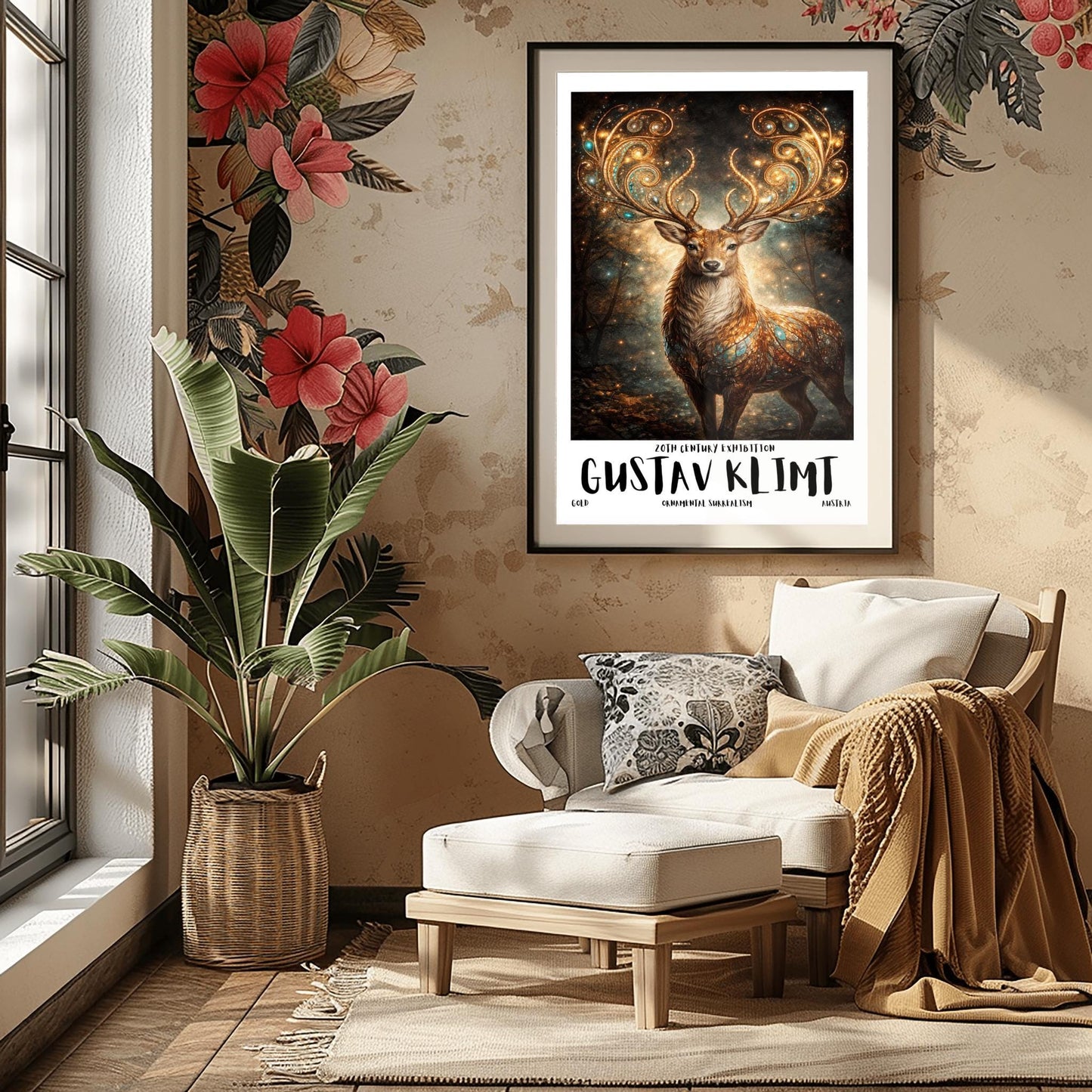 A vertical full-bleed illustration of a stag in the style of Gustav Klimt. The stag has massive, swirling golden antlers decorated with glowing gems. Its body is a mosaic of gold and turquoise. It stands in a misty, dark forest filled with golden sparks and floating embers.