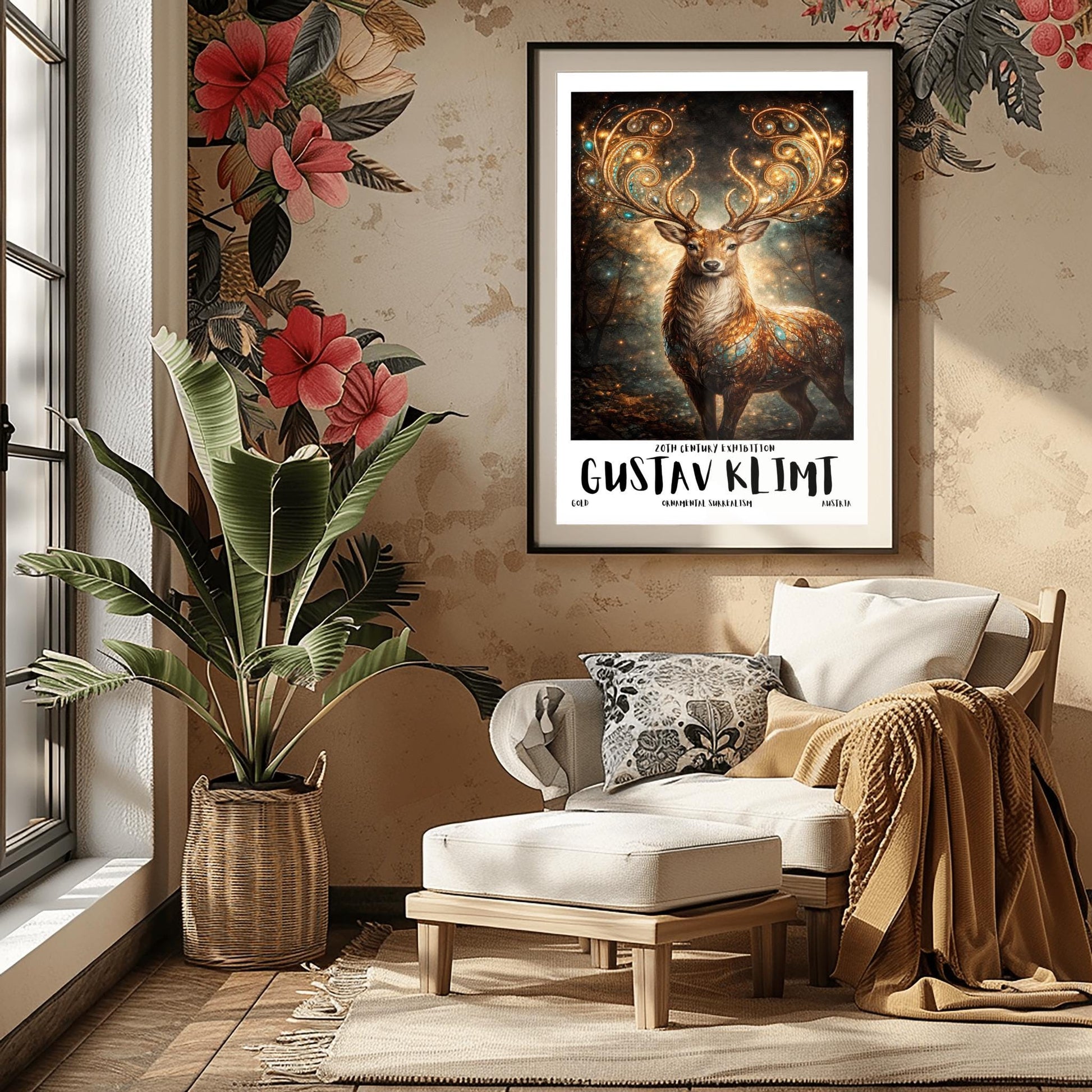 A vertical full-bleed illustration of a stag in the style of Gustav Klimt. The stag has massive, swirling golden antlers decorated with glowing gems. Its body is a mosaic of gold and turquoise. It stands in a misty, dark forest filled with golden sparks and floating embers.