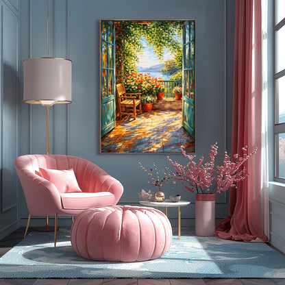 A vertical painterly illustration in the style of Henri Matisse, showing an open blue-framed doorway looking out onto a sun-drenched Mediterranean balcony. A wooden chair sits on a tiled floor covered in dappled shadows from overhanging green leaves. Bright red and white flowers in terracotta pots line the stone railing. In the background, a calm blue sea stretches toward soft blue mountains under a clear sky.