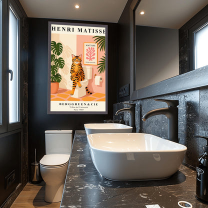 Tabby Cat on Toilet Art Print: Funny Matisse Style Bathroom Wall Art