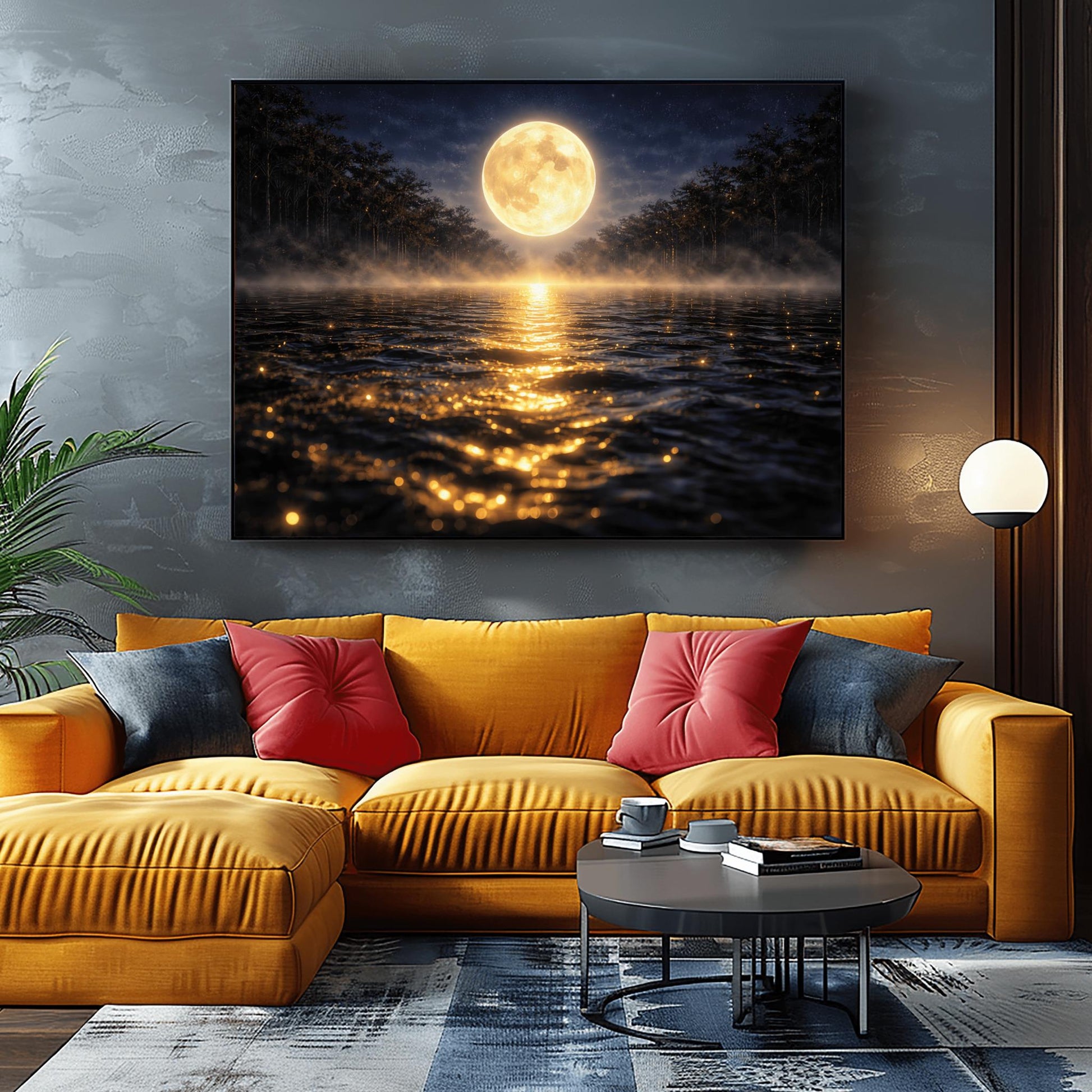A horizontal landscape art print in the style of Gustav Klimt. A large, luminous golden moon hangs in a dark, starlit sky over a calm lake. A brilliant trail of golden light reflects across the dark water toward the viewer. Low-lying mist rolls across the lake's surface, and silhouetted dark trees line the distant shore. The overall color palette is a striking contrast of deep midnight blue and radiant metallic gold.