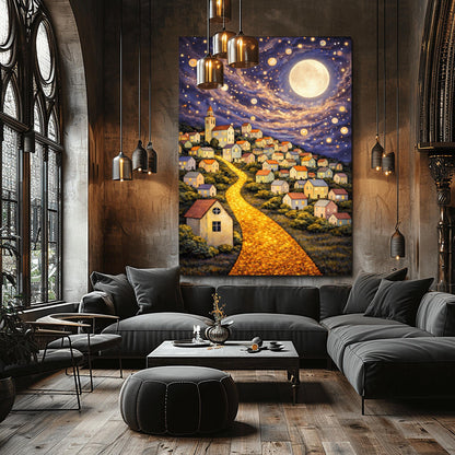 A vertical fine art print in the style of Gustav Klimt. A glowing road made of golden cobblestones winds up a steep hillside filled with small, charming houses. A massive, luminous full moon hangs in a purple and blue sky filled with stars and golden floating orbs.