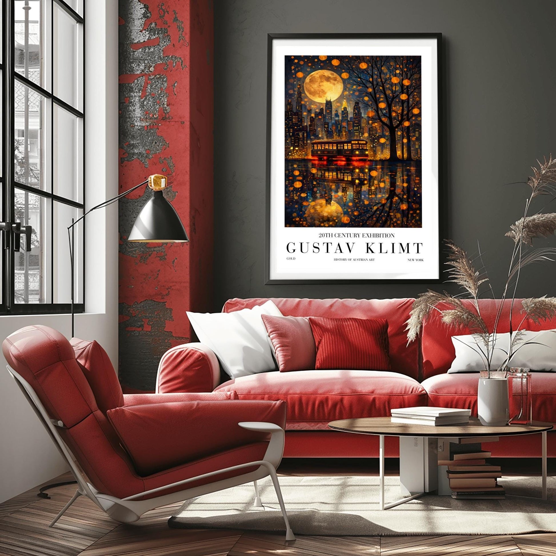 A vertical exhibition-style poster for a Gustav Klimt exhibit. The top half features the New York City skyline at night under a massive, patterned golden moon. A vintage trolley with "NEW YORK" on its sign sits on a wet street, reflecting the city lights and the moon in a shimmering gold mosaic pattern. A silhouetted tree on the right is filled with glowing golden lanterns. The bottom features bold text reading "GUSTAV KLIMT."