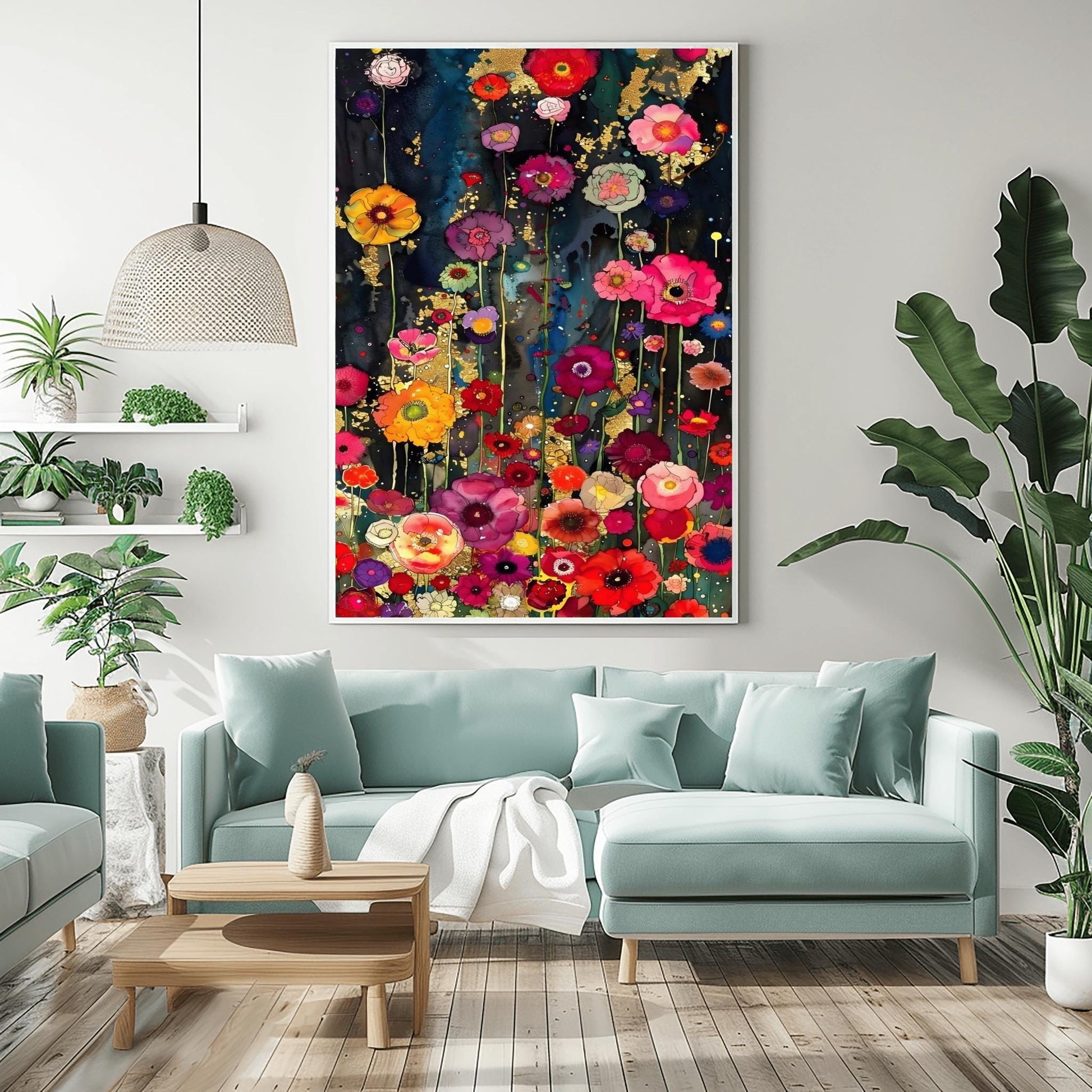 A vertical, highly detailed painting in the style of Gustav Klimt. A dense field of vibrant wildflowers in red, pink, orange, and purple grows against a dark indigo and black background. Shimmering gold-leaf patterns and "rain" effects are woven throughout the flowers. The style is rich in texture with a mosaic-like quality and heavy gold accents.