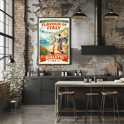 Bialetti Flavour of Italy Poster - Italian Riviera Coffee Art - Retro Moka Pot Mascot Print - Amalfi Coast Kitchen Decor - Whimsical Espresso Bar Wall Art - Vintage Travel Illustration