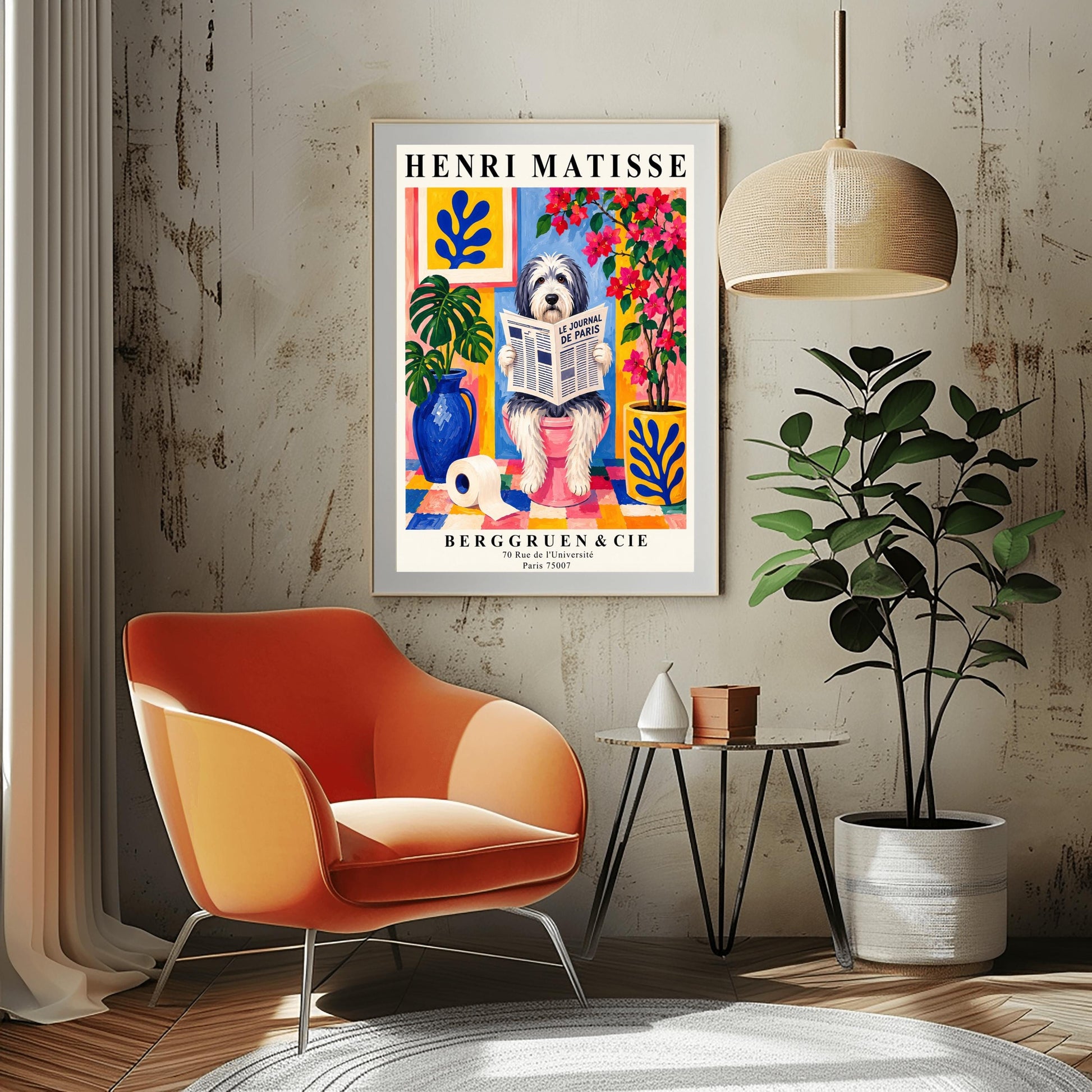 A vertical retro exhibition poster for Henri Matisse featuring a wide cream border. The central image shows a colorful Fauvism-style painting of a fluffy black-and-white Bearded Collie dog sitting on a pink toilet. The dog has shaggy fur and is looking forward while holding open a newspaper titled "LE JOURNAL DE PARIS". The background is a vibrant bathroom with a checkered mosaic floor, blue and yellow planters holding green monstera leaves