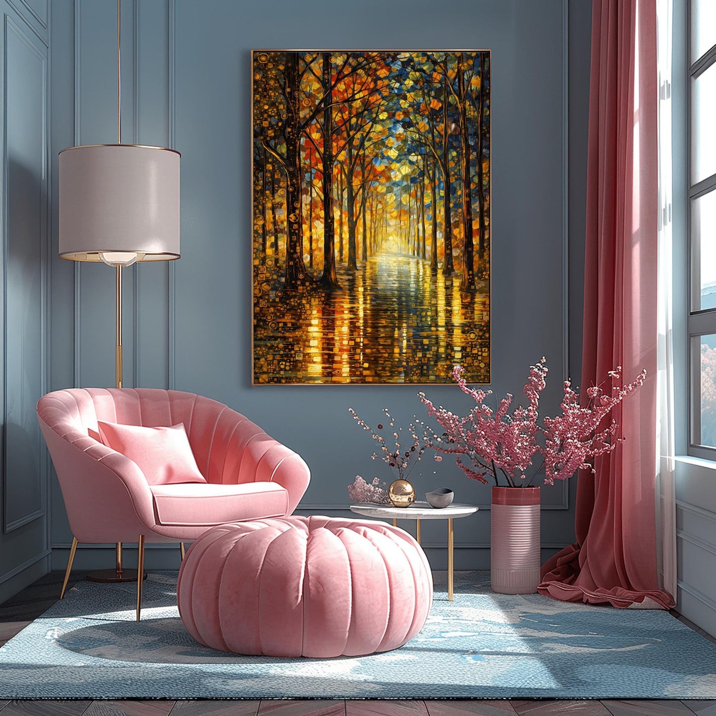 A vertical, highly detailed oil painting in the style of Gustav Klimt. A forest path lined with tall, slender trees is illuminated by a warm, golden light at the end of the corridor. The leaves are a mosaic of gold, orange, and red circles and geometric shapes. The path in the foreground is wet and reflects the brilliant colors of the trees in a shimmering, textured pattern.
