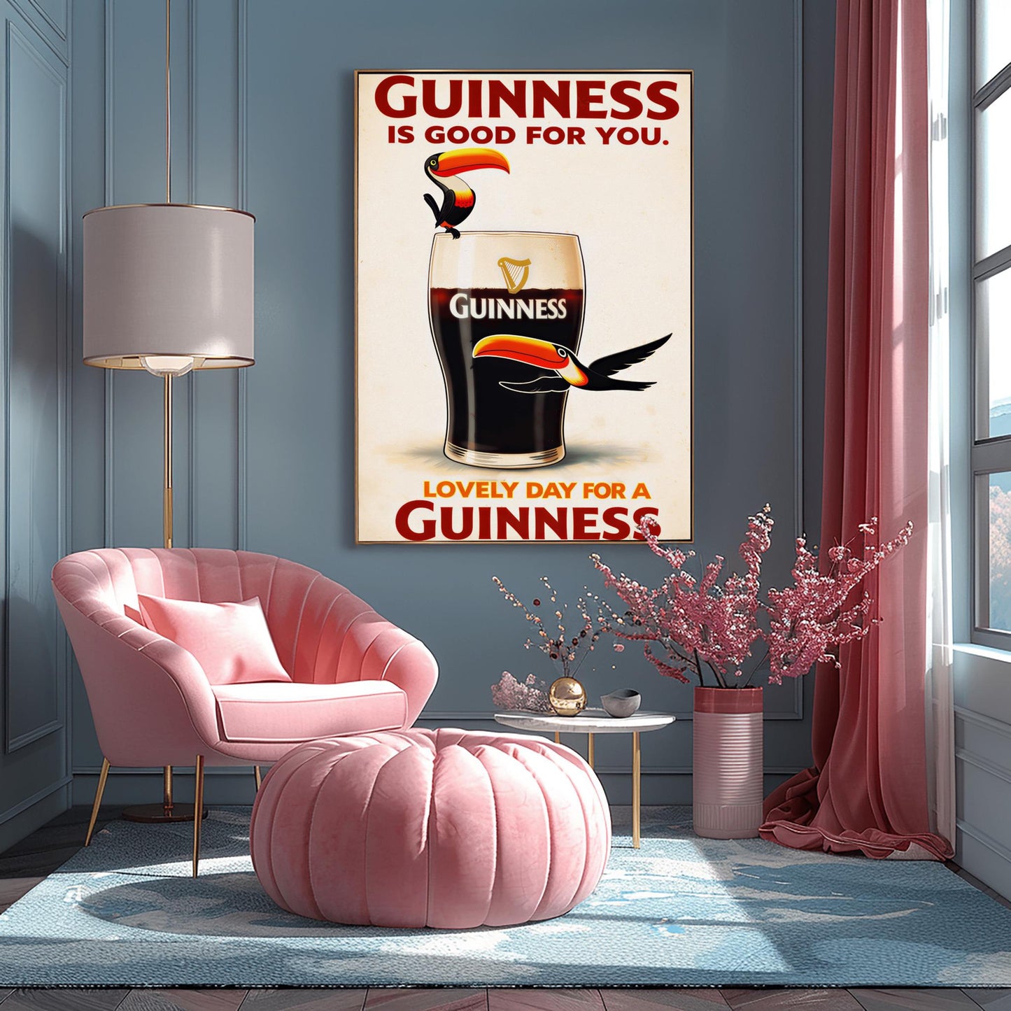 A vertical vintage-style advertisement for Guinness. A large glass of dark stout with a creamy white head is centered. A cartoon toucan with a large orange beak is perched on the rim, and another toucan flies past the bottom of the glass. The text reads "GUINNESS IS GOOD FOR YOU" at the top and "LOVELY DAY FOR A GUINNESS" at the bottom in red font.
