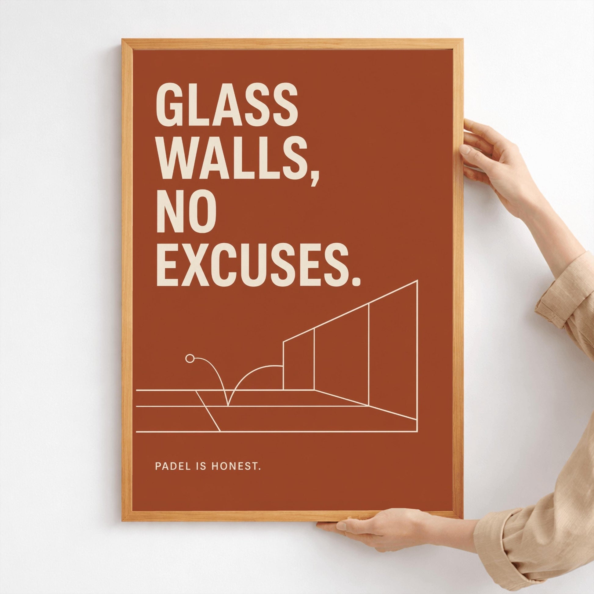 A vertical minimalist sports poster with a solid terracotta rust background. At the top, a bold quote reads "GLASS WALLS, NO EXCUSES." in a large, clean cream sans-serif font. The middle features a fine cream line drawing showcasing a perspective view of a padel court's back and side glass panels, with a line tracing a ball bouncing on the turf and hitting the glass. At the bottom left, small cream text reads "PADEL IS HONEST."