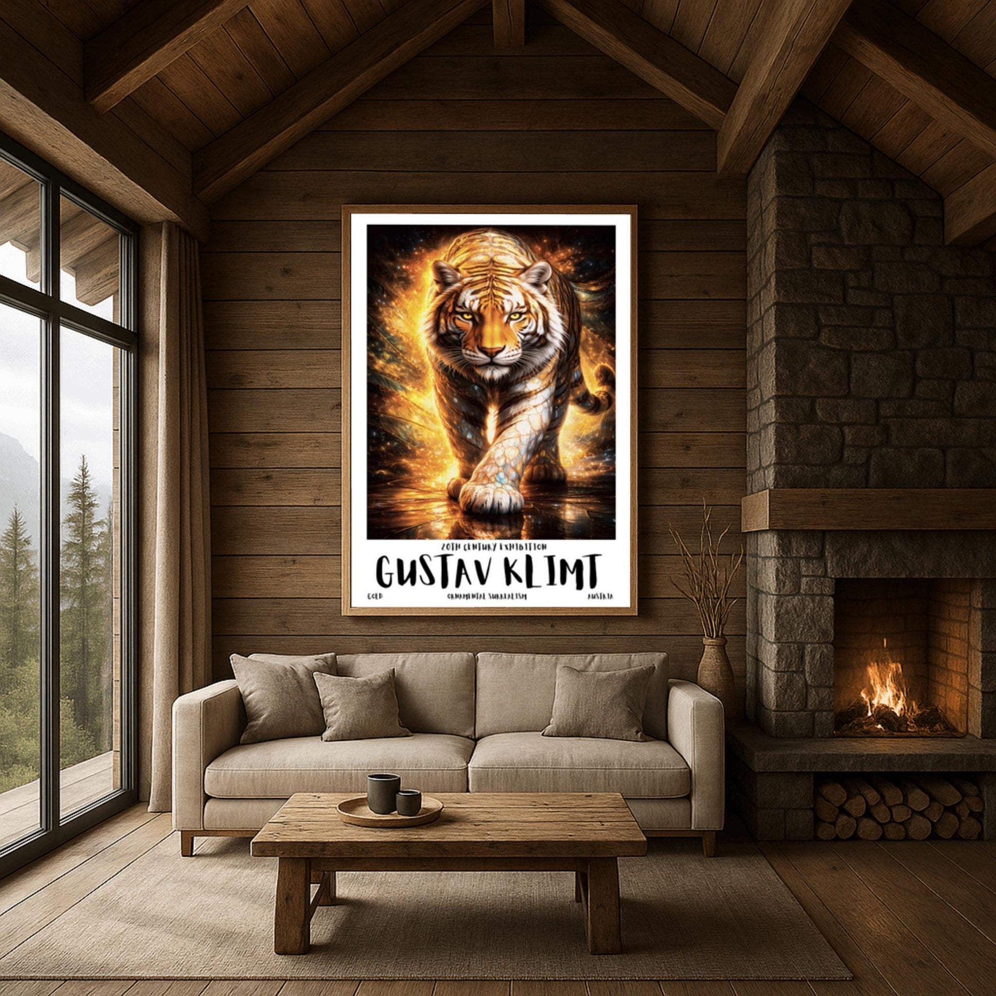 A vertical full-bleed illustration of a tiger in the style of Gustav Klimt. The tiger is prowling forward toward the viewer, its body covered in golden mosaic patterns and glowing orange light. The background is a swirl of amber sparks and gold-leaf textures.