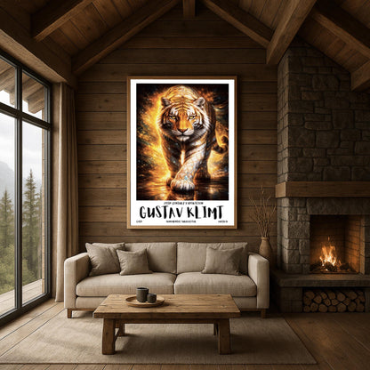 A vertical full-bleed illustration of a tiger in the style of Gustav Klimt. The tiger is prowling forward toward the viewer, its body covered in golden mosaic patterns and glowing orange light. The background is a swirl of amber sparks and gold-leaf textures.