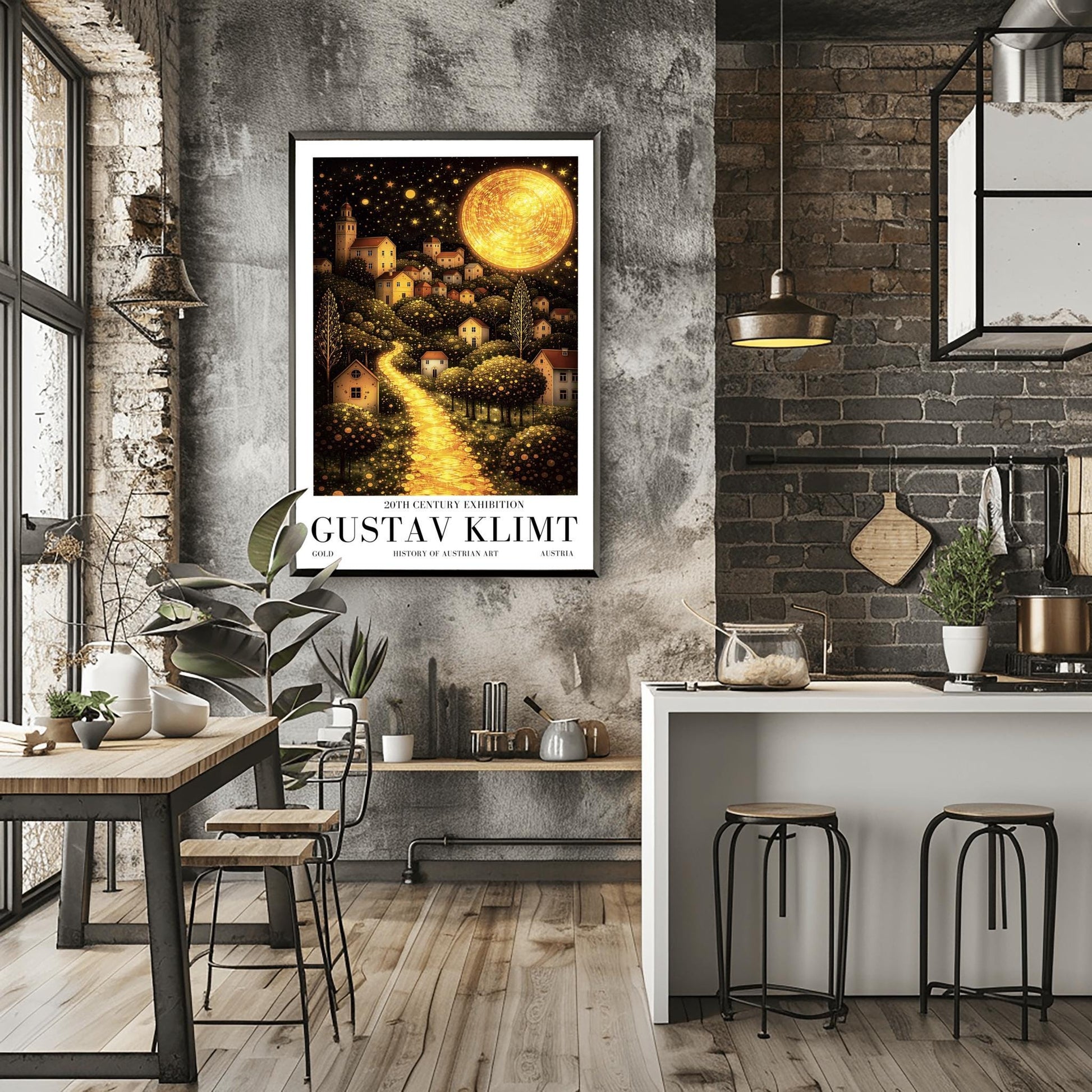 A vertical fine art landscape in the style of Gustav Klimt. A huge, textured golden moon shines in a starry night sky. A glowing golden path winds up a hillside past trees filled with shimmering golden dots toward a village of small houses with lit windows.