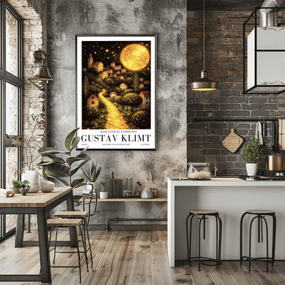 A vertical fine art landscape in the style of Gustav Klimt. A huge, textured golden moon shines in a starry night sky. A glowing golden path winds up a hillside past trees filled with shimmering golden dots toward a village of small houses with lit windows.