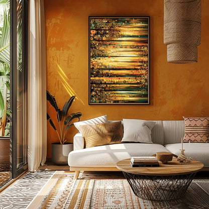 A horizontal abstract fine art print in the style of Gustav Klimt. The composition is made of horizontal bands of light and dark. Each band is filled with thousands of small mosaic circles and geometric patterns in shades of gold, amber, dark green, and teal. The center glows with a bright, sun-like yellow light.