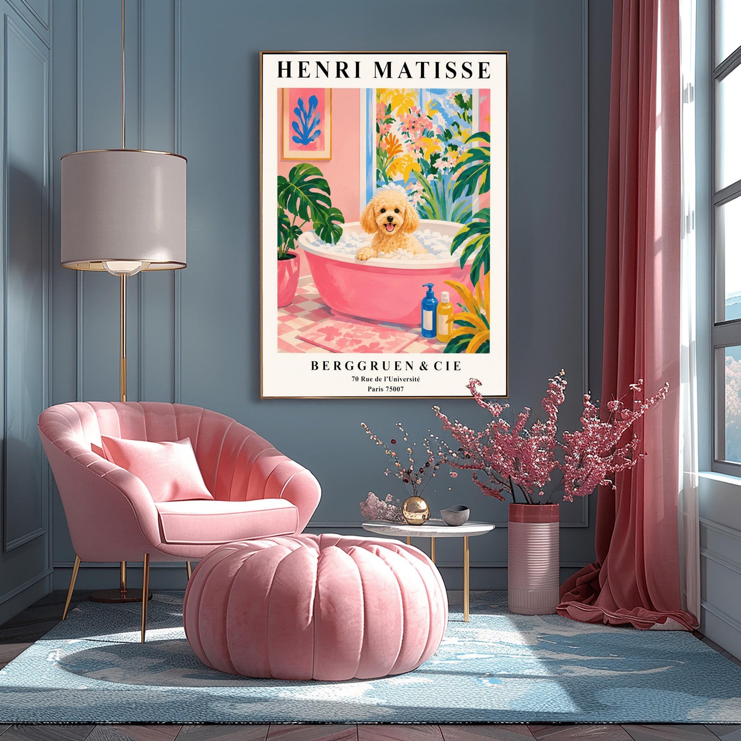 A vertical fine art exhibition poster in the style of Henri Matisse featuring a wide cream border. Bold black text reads "HENRI MATISSE" at the top and "BERGGRUEN & CIE" with a Parisian address at the bottom. The central painting shows an apricot toy poodle dog sitting in a pink bubble bath surrounded by a pink checkered floor, a monstera plant, and a large window overlooking colorful yellow and pink garden plants.