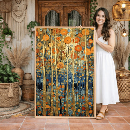 A vertical fine art print in the style of Gustav Klimt. Several slender tree trunks made of solid gold leaf stand vertically against a background of floating, concentric circular patterns in orange, gold, and blue. The bottom of the forest is a deep indigo blue filled with small mosaic dots.
