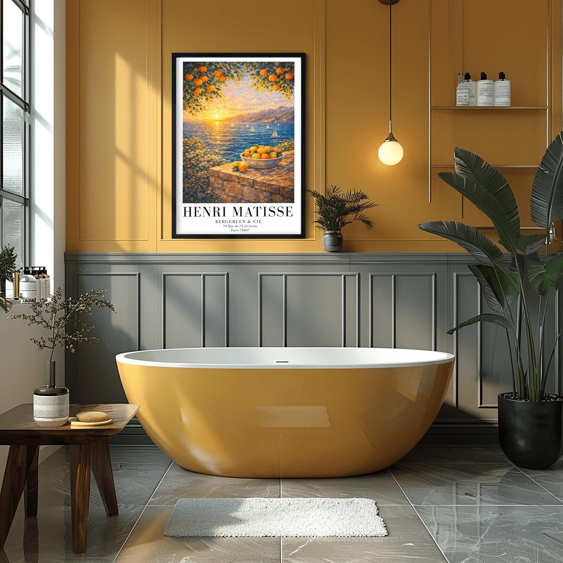 A vertical painterly illustration of a Mediterranean sunset. A low sun shines over a blue sea with sailboats, casting a golden reflection. In the foreground, a bowl of oranges sits on a stone wall. Orange tree branches frame the top of the scene.