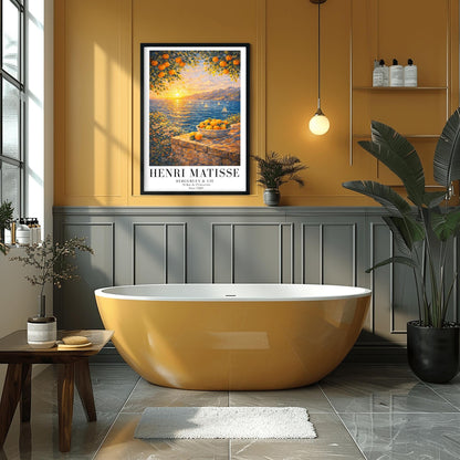 A vertical painterly illustration of a Mediterranean sunset. A low sun shines over a blue sea with sailboats, casting a golden reflection. In the foreground, a bowl of oranges sits on a stone wall. Orange tree branches frame the top of the scene.