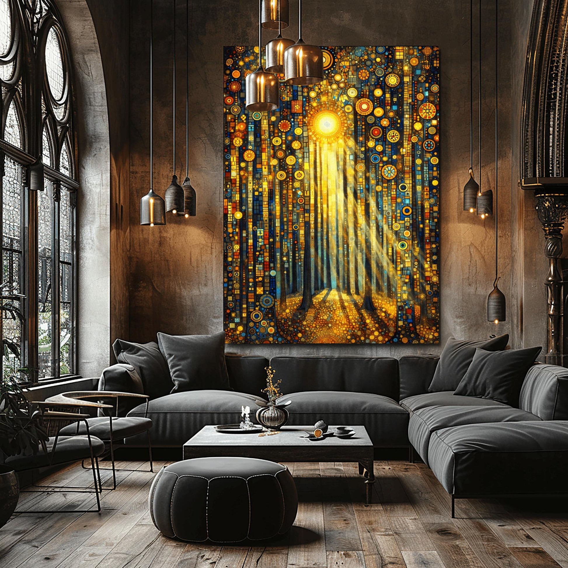 A vertical fine art print in the style of Gustav Klimt. Tall, dark tree trunks stand in a forest where the ground and sky are filled with dense gold and blue mosaic circles. A bright sun in the upper center casts long, golden pillars of light down through the trees, illuminating the patterned forest floor.
