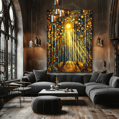 A vertical fine art print in the style of Gustav Klimt. Tall, dark tree trunks stand in a forest where the ground and sky are filled with dense gold and blue mosaic circles. A bright sun in the upper center casts long, golden pillars of light down through the trees, illuminating the patterned forest floor.