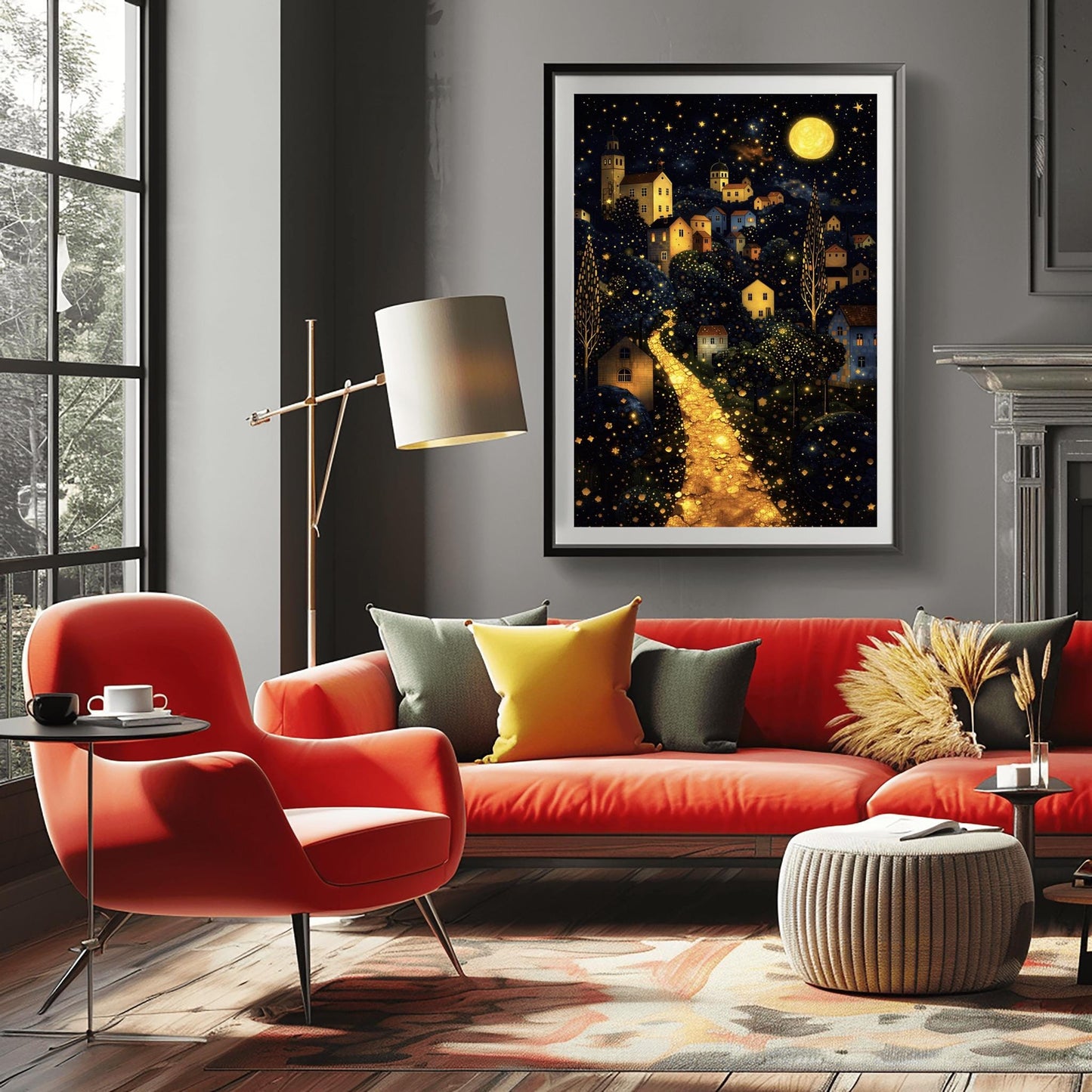 A vertical fine art landscape in the style of Gustav Klimt. A brilliant, glowing golden path winds up a dark hillside toward a village with lit windows. The deep blue night sky is filled with many stars and a large, textured golden moon. The trees are decorated with small, shimmering golden dots.