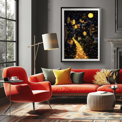 A vertical fine art landscape in the style of Gustav Klimt. A brilliant, glowing golden path winds up a dark hillside toward a village with lit windows. The deep blue night sky is filled with many stars and a large, textured golden moon. The trees are decorated with small, shimmering golden dots.