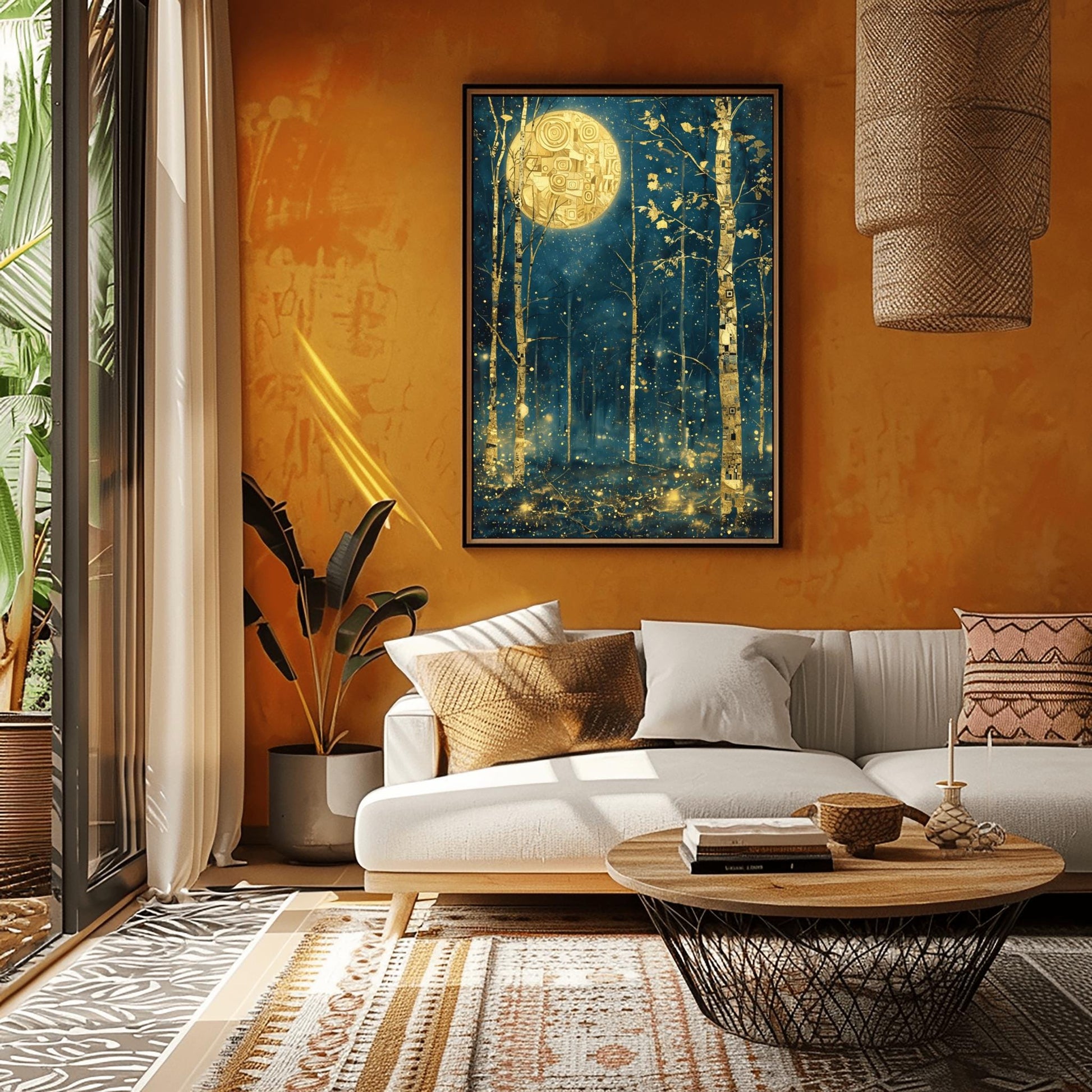 A vertical painting in the style of Gustav Klimt. Slender birch trees with gold-leaf bark and black geometric patterns stand in a dark navy forest at night. A large, bright gold moon with mosaic spirals hangs in the sky. The air is filled with glowing golden dots and fireflies. The overall style is rich in texture and golden ornamentation against a deep blue background.