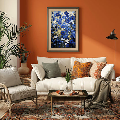 A vertical, highly detailed oil painting in the style of Gustav Klimt. The image is filled with a dense field of blue poppies in shades of cobalt, navy, and light blue. The flowers have dark centers and are surrounded by abstract cream and amber foliage. The brushwork is thick and textured, giving the appearance of a rich mosaic tapestry of flowers.