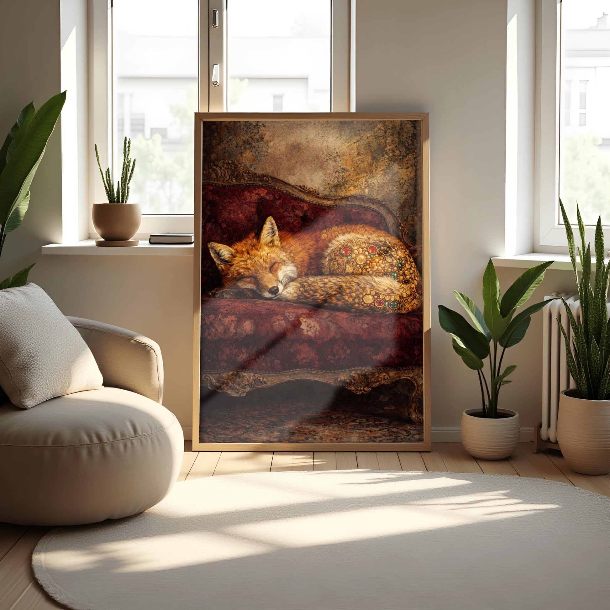 Gustav Klimt Sleeping Fox Art - Ornamental Surrealism Forest Animal Print - Luxury Gold & Crimson Velvet Decor - Gilded Red Fox Fine Art - Moody Maximalist Wall Decor