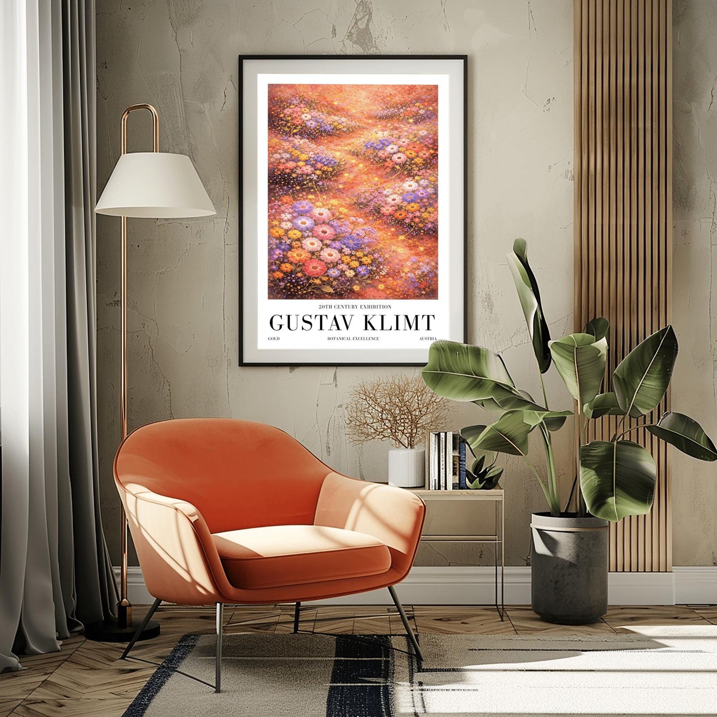 A vertical, highly detailed Art Nouveau-style illustration of a dense wildflower meadow. Stylized flowers in shades of lavender, coral, and orange are outlined in gold. Shimmering golden particles float between the blooms against a warm, glowing amber background.