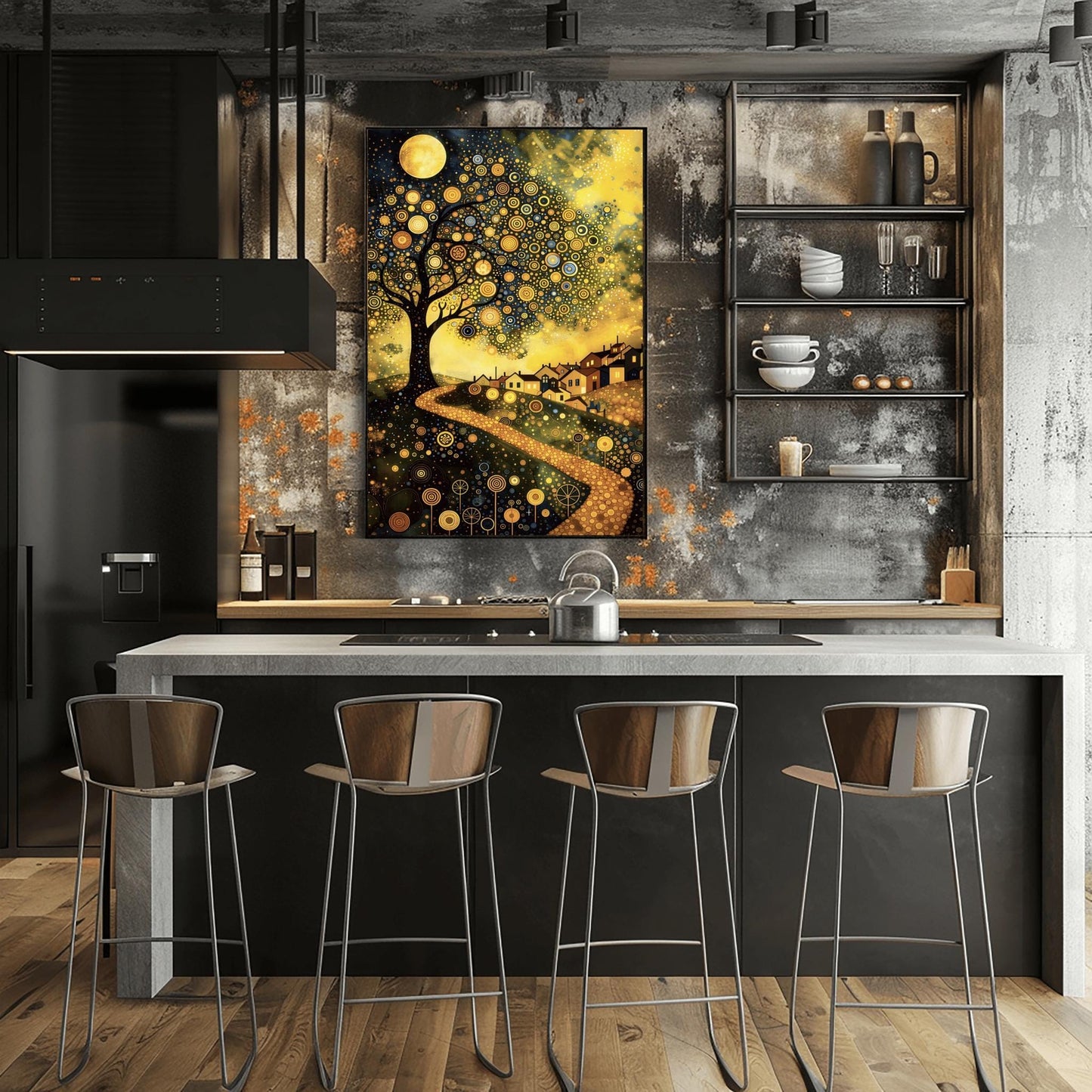 A vertical fine art painting in the style of Gustav Klimt. A large tree on the left is covered in golden concentric circles and spirals. A golden, mosaic-textured path winds through dark hills toward a village with lit windows under a full moon. The sky is dark blue with swirling golden stardust patterns. The foreground is decorated with stylized golden flowers.