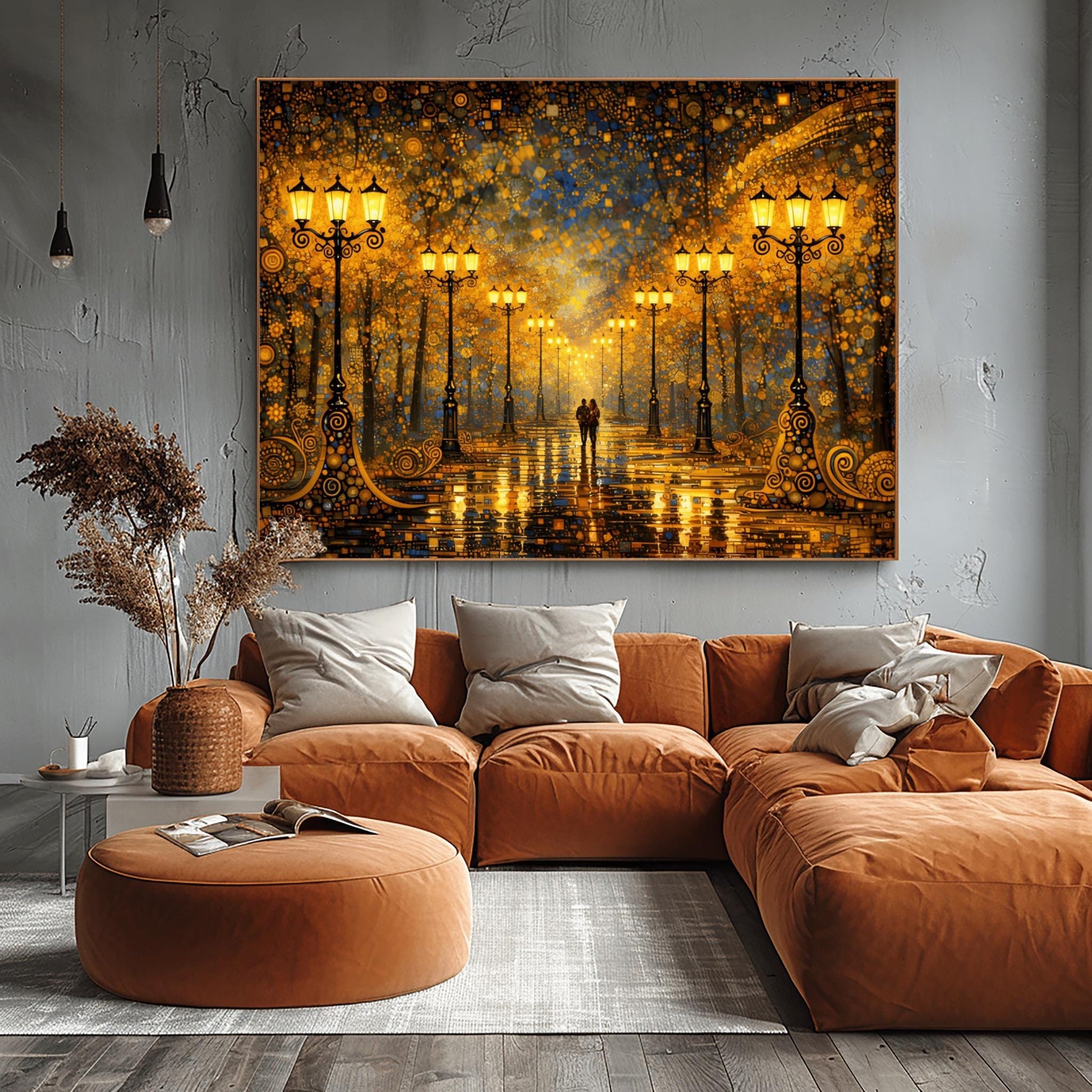 A horizontal fine art print in the style of Gustav Klimt. A couple walks down a rain-slicked park path lined with ornate, glowing golden lamp posts. The trees are made of gold and amber mosaic patterns under a dark blue sky filled with golden stars and geometric shapes. High contrast with radiant gold and deep navy tones.