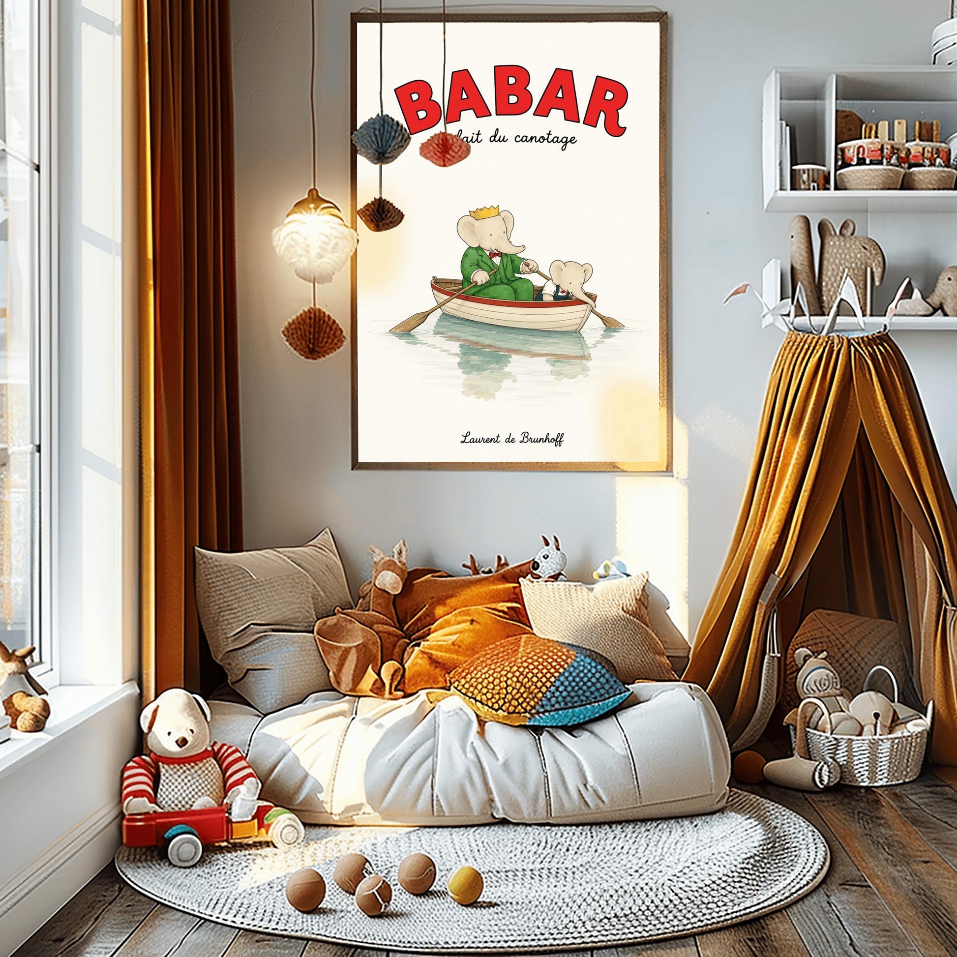 A vertical retro fine art exhibition poster titled "BABAR fait du canotage" on a wide cream border. The top "BABAR" text is printed in a bold red font. The illustration shows an elephant wearing a crown and green suit sitting in a white wooden rowboat with a red rim, holding two oars. A smaller elephant leans over the front of the boat looking at its reflection in the calm water. The name "Laurent de Brunhoff" anchors the bottom.