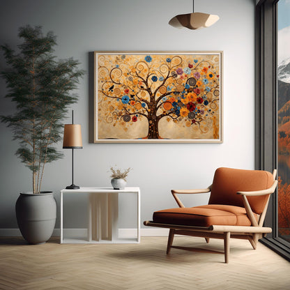 A horizontal fine art print in the style of Gustav Klimt. A large tree with dark branches that curl into golden spirals fills the frame. The tree is decorated with a variety of colorful blue, orange, and red flowers and small black birds. The background is a warm cream color with faint, swirling patterns.