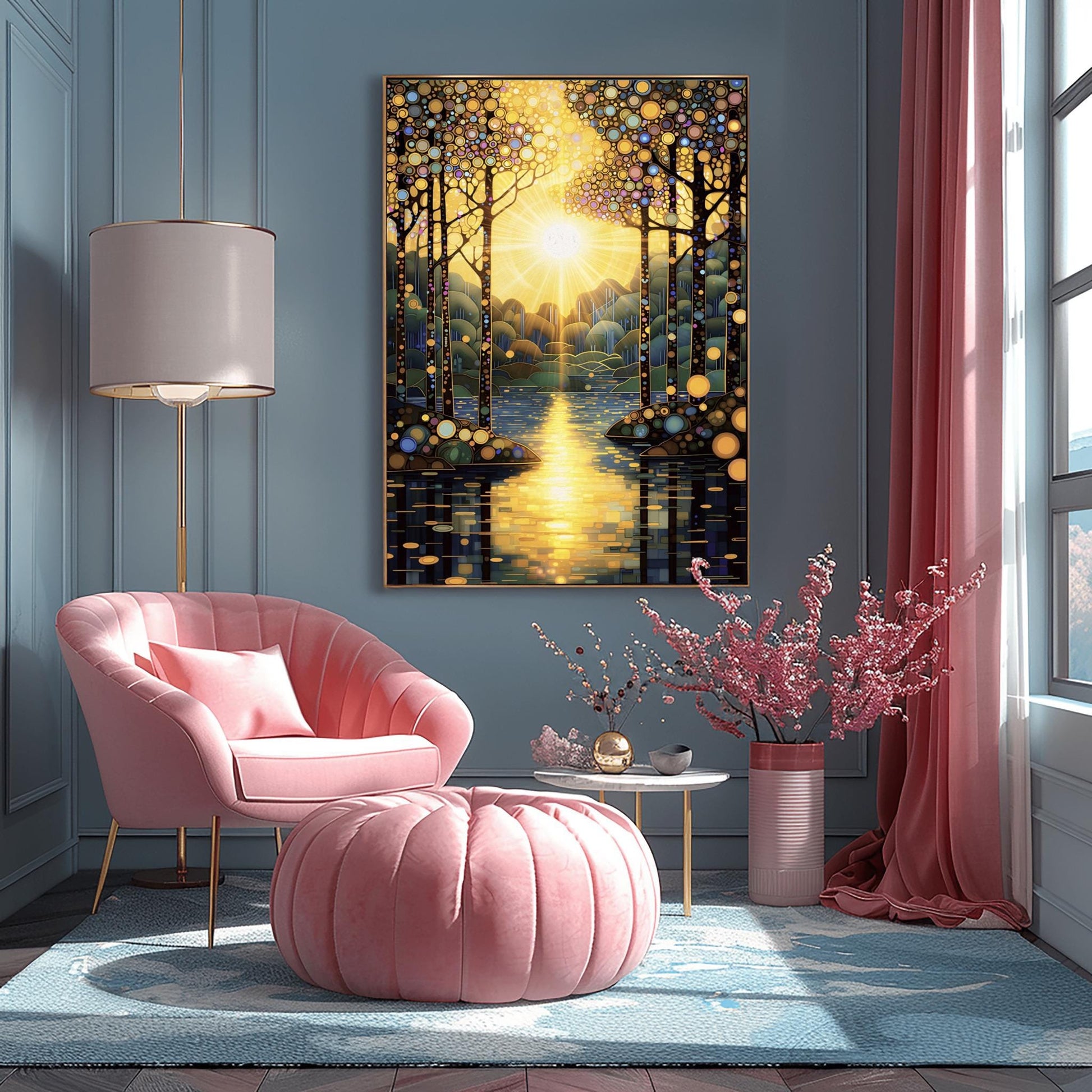 A vertical fine art painting in the style of Gustav Klimt. A brilliant sun is centered in the sky, emitting golden rays that look like stained glass panes. Slender trees with colorful mosaic patterns on their bark frame a calm lake. The water reflects the golden sun in a series of horizontal mosaic tiles. The overall palette is brilliant gold, warm amber, and deep teal.