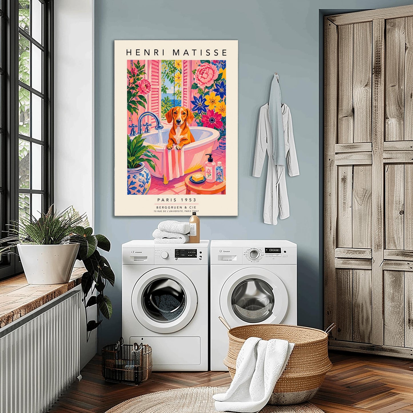 A vertical maximalist art print styled as a Henri Matisse exhibition poster. A brown Dachshund dog sits in a pink bathtub while water pours from a silver faucet. The room features vibrant pink walls and floors, decorated with very large pink, blue, and yellow flowers. A blue and white floral pot sits in the foreground along with a small stool holding soap and bottles. An open window in the background shows a blue sea and green leaves.