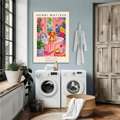 A vertical maximalist art print styled as a Henri Matisse exhibition poster. A brown Dachshund dog sits in a pink bathtub while water pours from a silver faucet. The room features vibrant pink walls and floors, decorated with very large pink, blue, and yellow flowers. A blue and white floral pot sits in the foreground along with a small stool holding soap and bottles. An open window in the background shows a blue sea and green leaves.