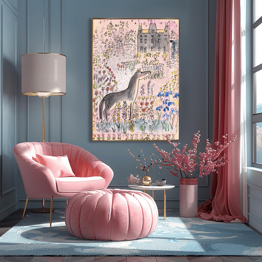 A vertical art print in the style of Ludwig Bemelmans. Twelve little girls in two straight lines are walking through a Parisian park. They wear yellow coats with blue bows and yellow straw hats. A tall nun, Miss Clavel, leads them. In the background, there is a large ornate black gate, stone buildings, and a soft yellow sky. The foreground features a small patch of colorful flowers. The name "LUDWIG BEMELMANS" is printed at the bottom.