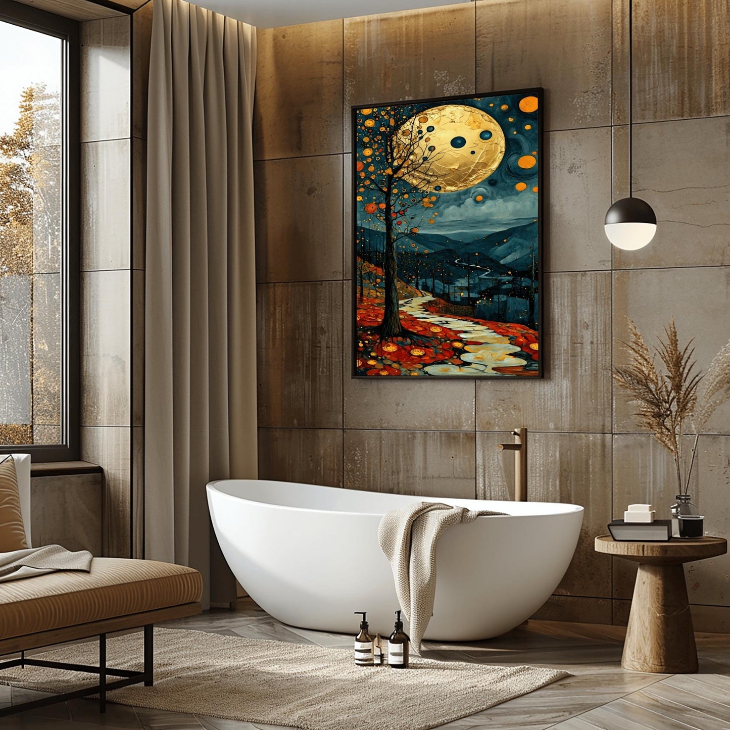A vertical fine art painting in the style of Gustav Klimt. A massive, textured golden moon hangs in a dark, starlit sky above rolling teal mountains. A white, winding stone path leads through a foreground of orange and red autumn leaves. On the left, a slender tree is decorated with golden mosaic orbs. The overall style is rich in texture and golden ornamentation.