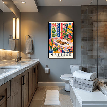A vertical maximalist art print designed as a Henri Matisse exhibition poster. A brown otter floats on its back in a pink bubble bath, holding a small yellow rubber ducky. The bathtub has a blue and yellow floral pattern. The room is filled with vibrant tropical plants, pink walls, and yellow checkered tiles. A blue-shuttered window looks out onto a sunny garden. In the foreground, an art book and a striped vase are visible. Bold black text at the bottom reads "MATISSE PAPIERS DÉCOUPÉS"