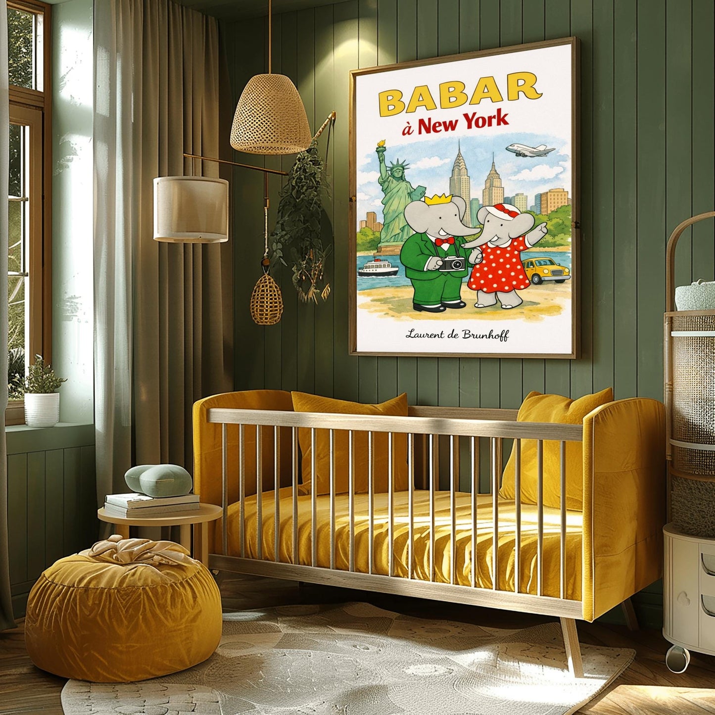 A vertical children's illustration poster titled "BABAR à New York" in large yellow and red letters. King Babar, in a green suit and crown holding a camera, and Queen Celeste, in a red polka-dot dress, stand on a shoreline. The background features the Statue of Liberty, the Chrysler Building, and the Empire State Building. A yellow taxi, a white boat on the blue water, and a white airplane in the sky complete the city scene. The name "Laurent de Brunhoff" is at the bottom.