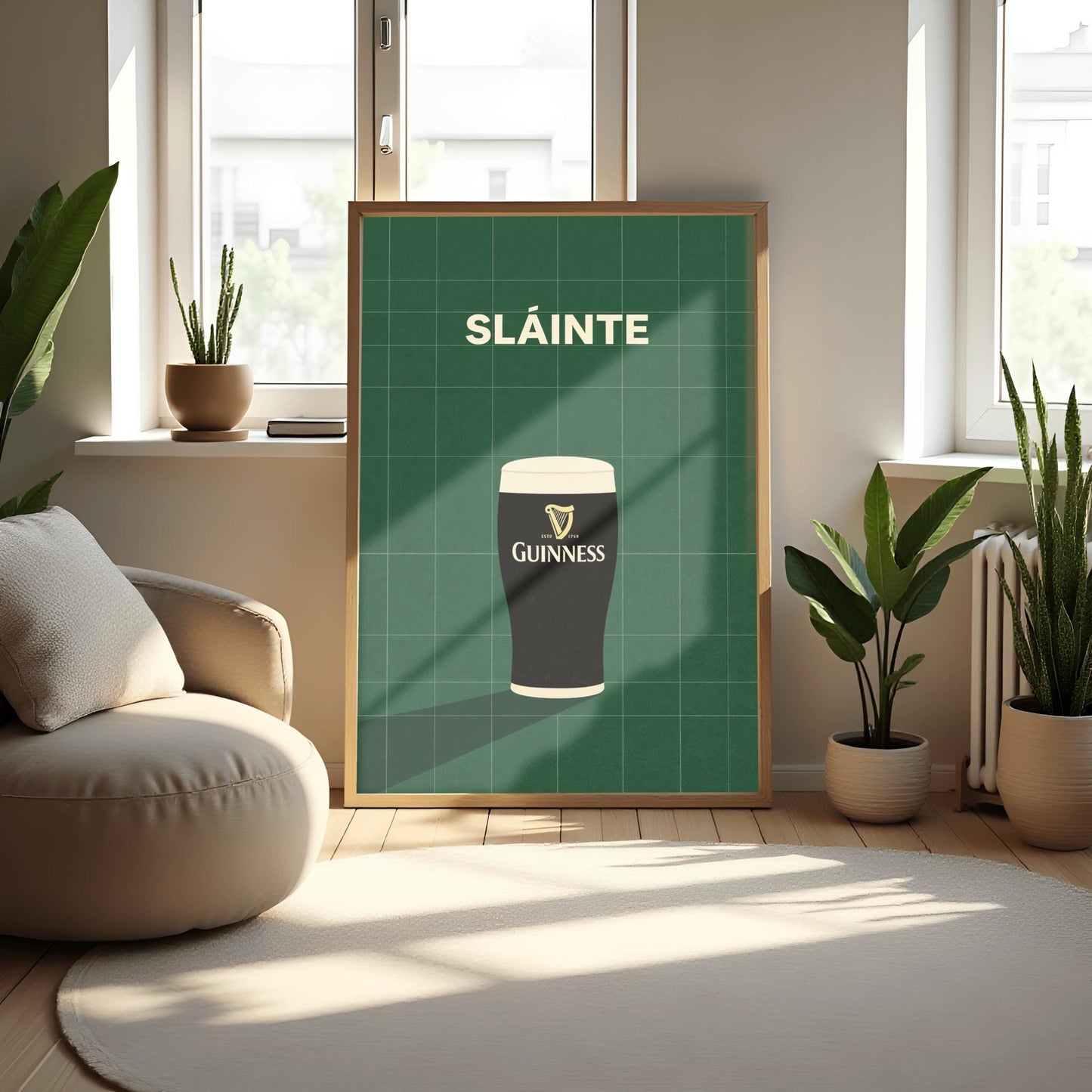A vertical minimalist graphic with a dark green tiled background. A pint of Guinness with a gold harp logo sits at the bottom, casting a long shadow to the left. At the top, the word "SLÁINTE" is written in a bold, cream-colored font.