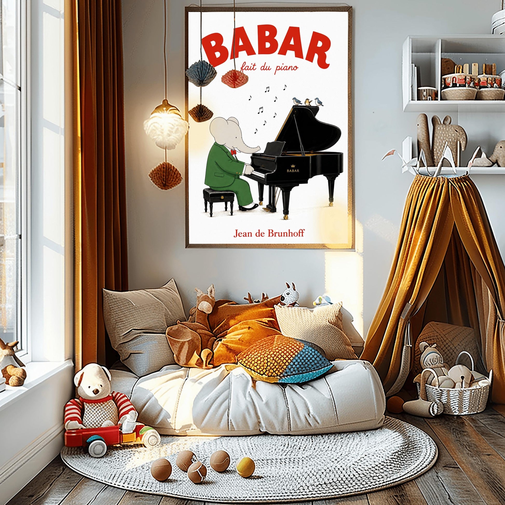 A vertical fine art exhibition poster featuring a classic illustration of Babar the Elephant by Jean de Brunhoff, as seen in Screenshot 2026-05-28 at 19.58.40.png. Set within a wide white border on a textured off-white background, the elephant is shown in a green suit and red bowtie sitting on a stool playing a black grand piano. Three small birds sit on the open piano lid under floating musical notes. Bold red text at the top reads "BABAR fait du piano".