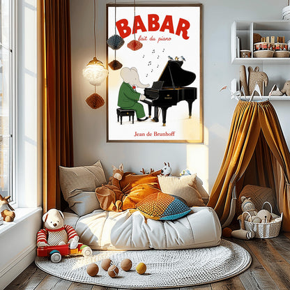 A vertical fine art exhibition poster featuring a classic illustration of Babar the Elephant by Jean de Brunhoff, as seen in Screenshot 2026-05-28 at 19.58.40.png. Set within a wide white border on a textured off-white background, the elephant is shown in a green suit and red bowtie sitting on a stool playing a black grand piano. Three small birds sit on the open piano lid under floating musical notes. Bold red text at the top reads "BABAR fait du piano".