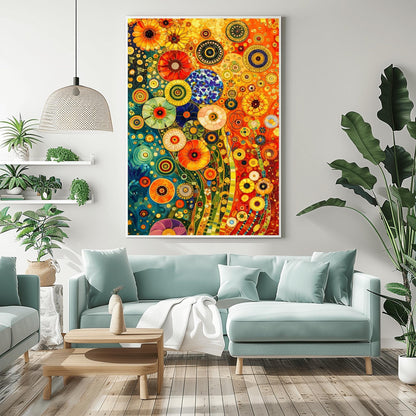 A vertical fine art print in the style of Gustav Klimt. A dense, abstract field of stylized flowers made of colorful mosaic circles and geometric patterns. The left side is a deep teal blue, while the right side is a warm, glowing orange. Shimmering gold flecks and tiled stems wind through the composition.